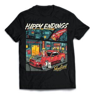 Happy Endings Cyberpunk R34 Skyline Car Anime Girl Japan Streetwear T-Shirt